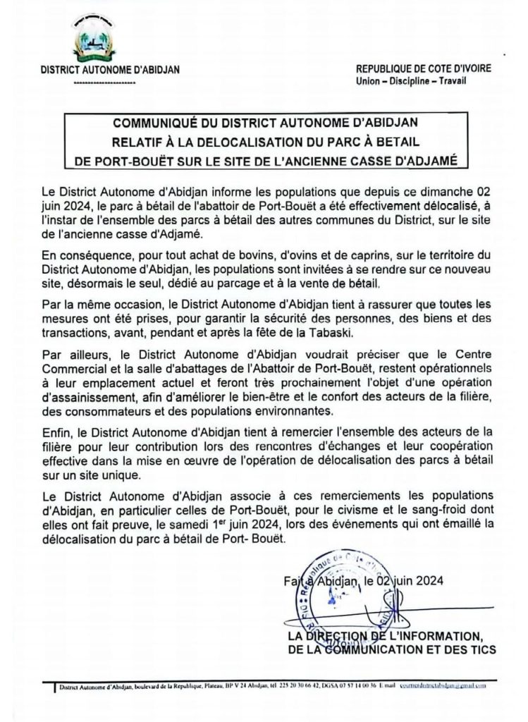 Le communiqué du District autonome d'Abidjan
