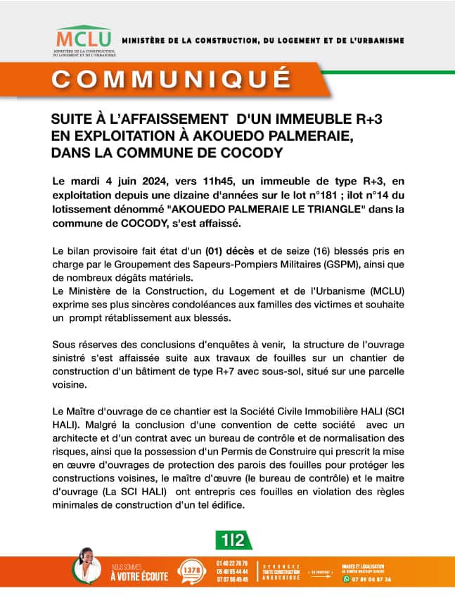communiqué du ministère de la Construction