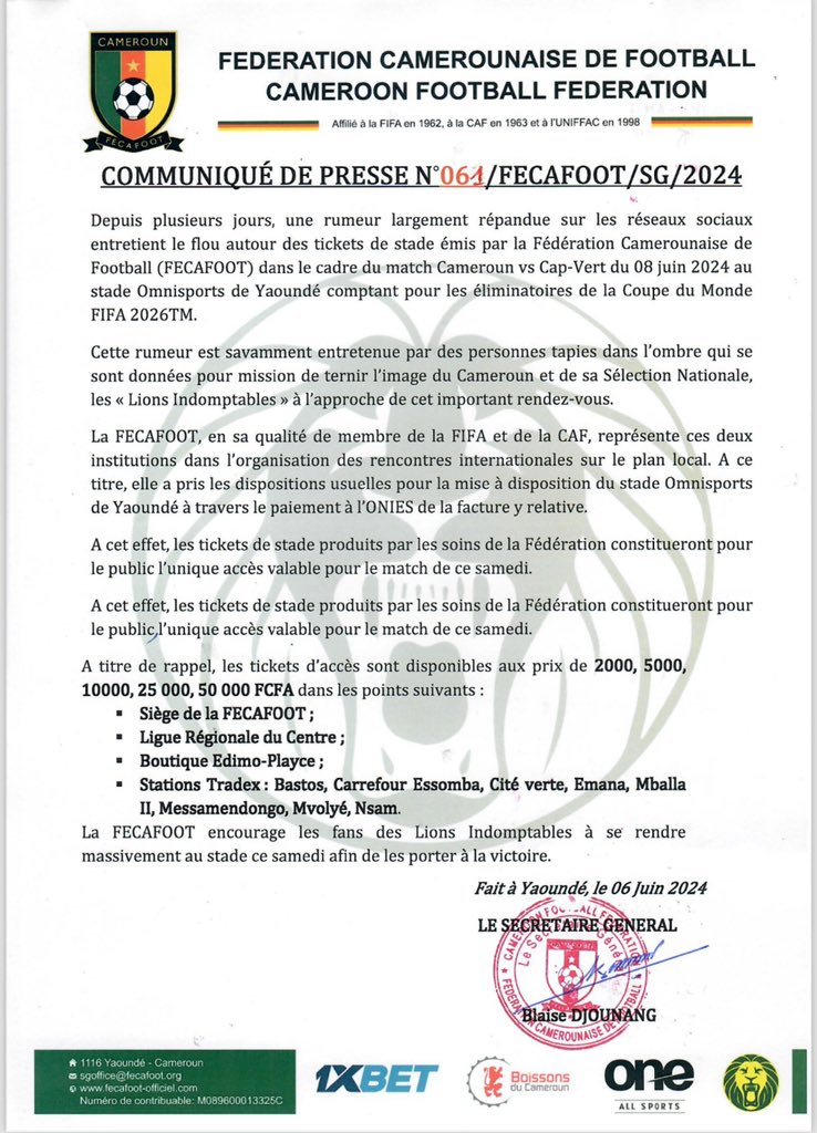 Le communiqué de la Fecafoot