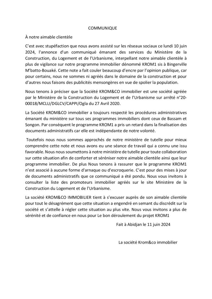 Le Communiqué de la Société KROM &CO