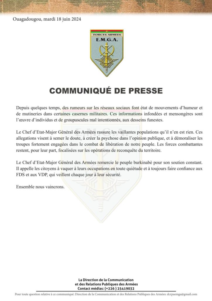 Le communiqué de la présidence Burkinabé
