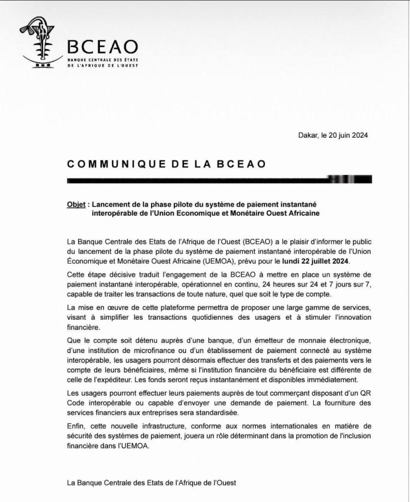 Le communiqué de la BCEAO