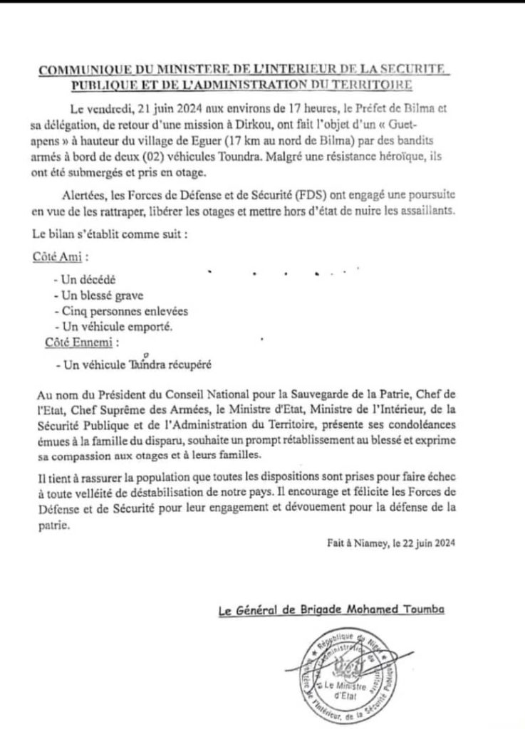 Le communiqué des autorités du Niger