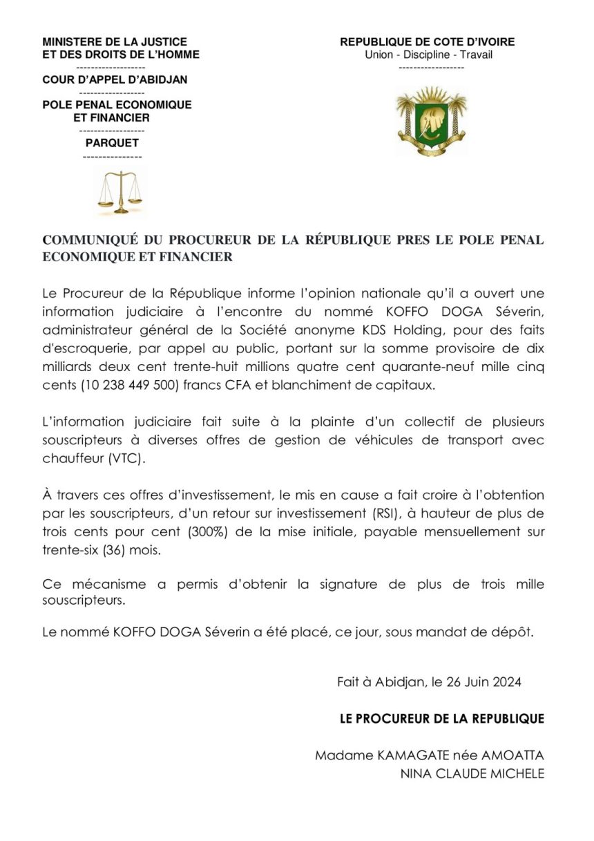 Le communiqué du Procureur de la République