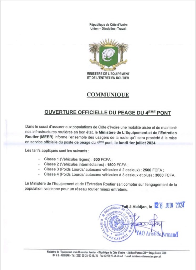Le communiqué annonçant l'ouverture du péage