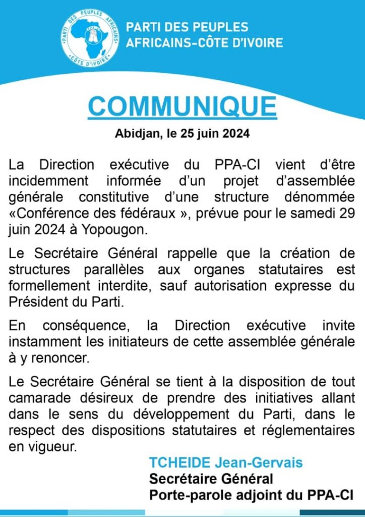 le communiqué du parti de Laurent Gbagbo
