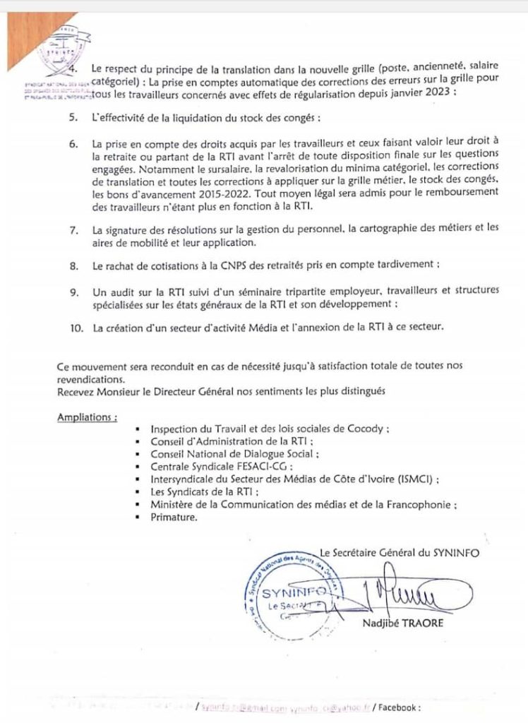 Un communiqué des agents de la RTI