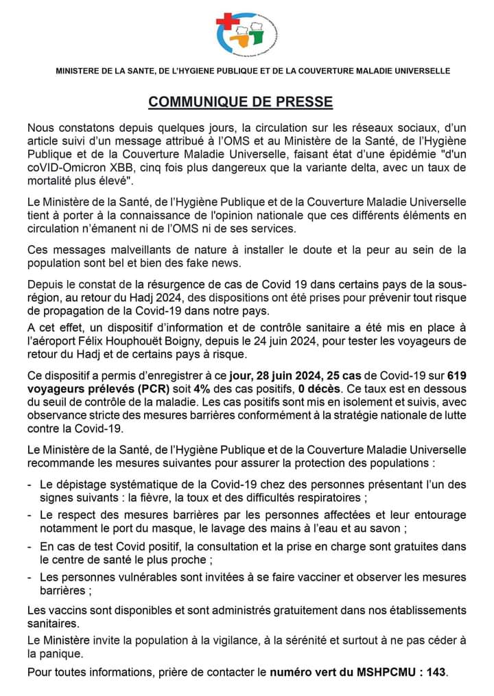 Le communiqué du Ministère de la Santé
