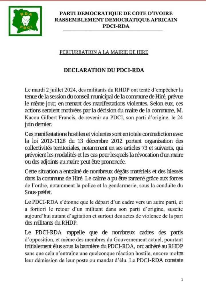le communiqué du Pdci