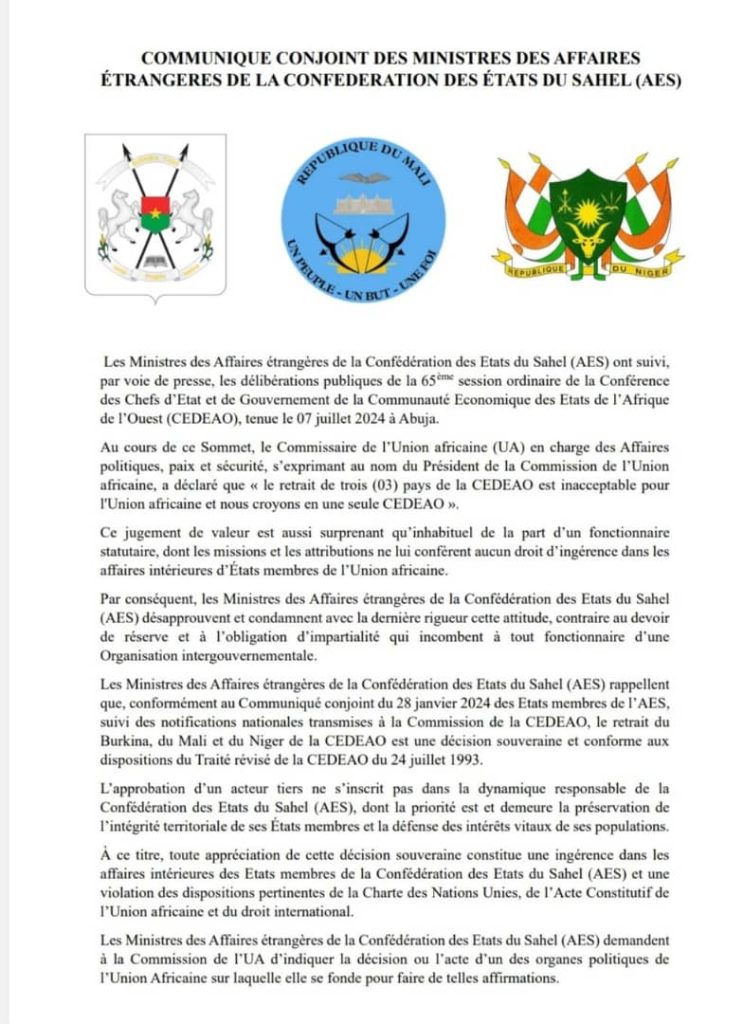 Le communiqué de l'AES