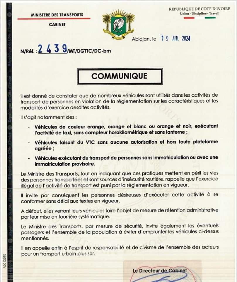 Le communiqué du Ministère du Transport
