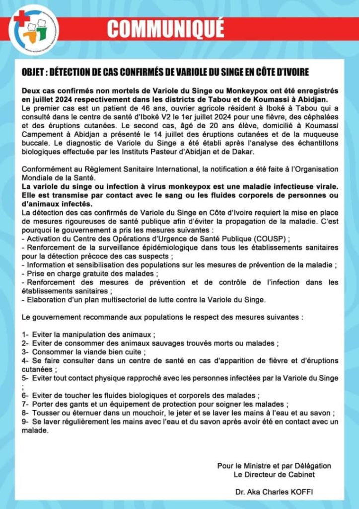 Le communiqué du Ministère de la Santé et de l'Hygiène publique
