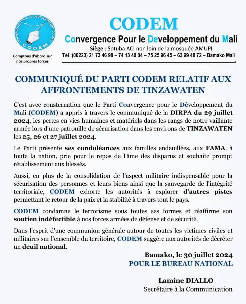 Le communiqué du CODEM