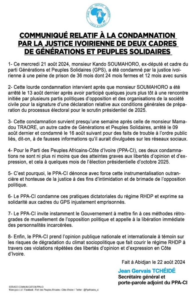 La communiqué du PPA-CI