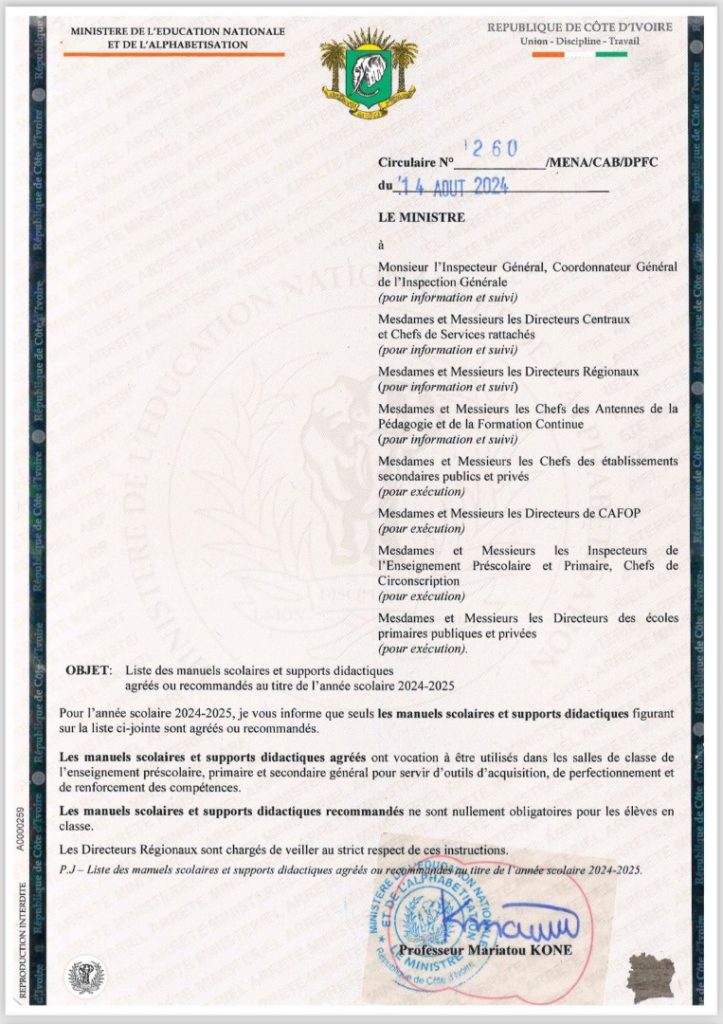 Communiqué du Ministère de l'Education Nationale et l'Alphabétisation