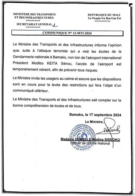 Le communiqué du Ministère des Transports