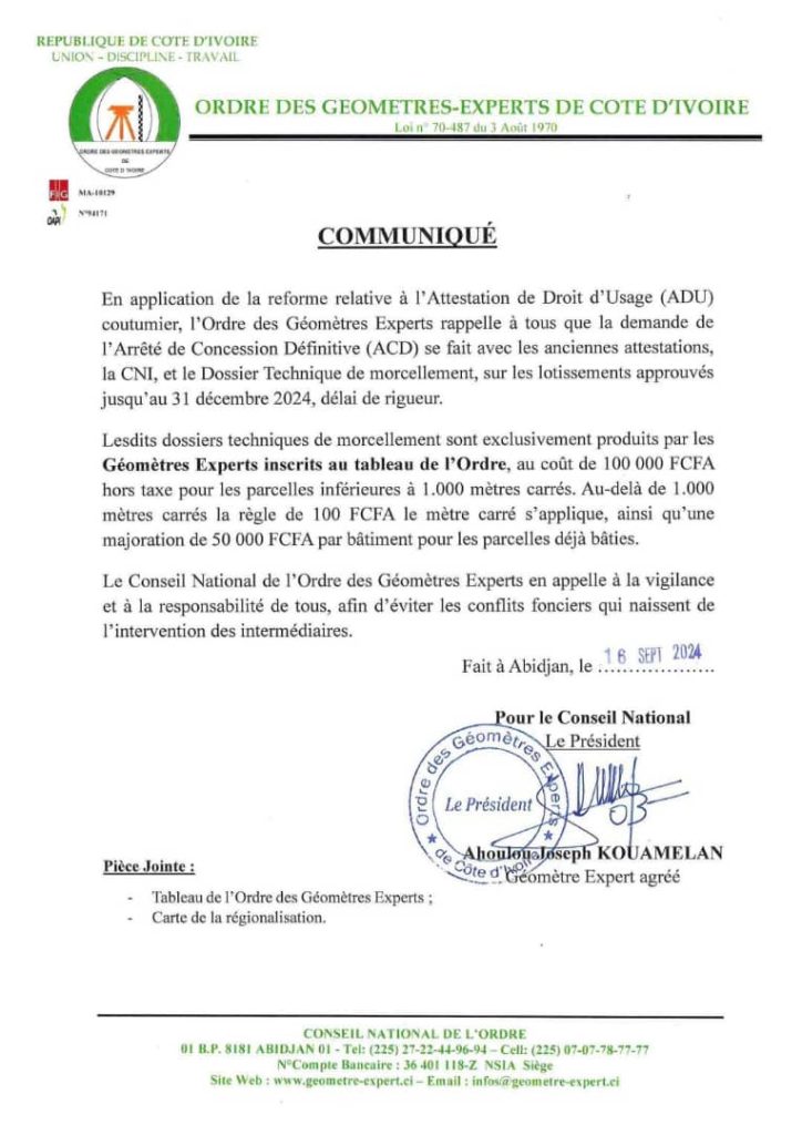 Communique de l'ordre des Géomètres