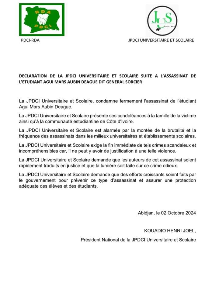 Le communiqué de la JPDCI
