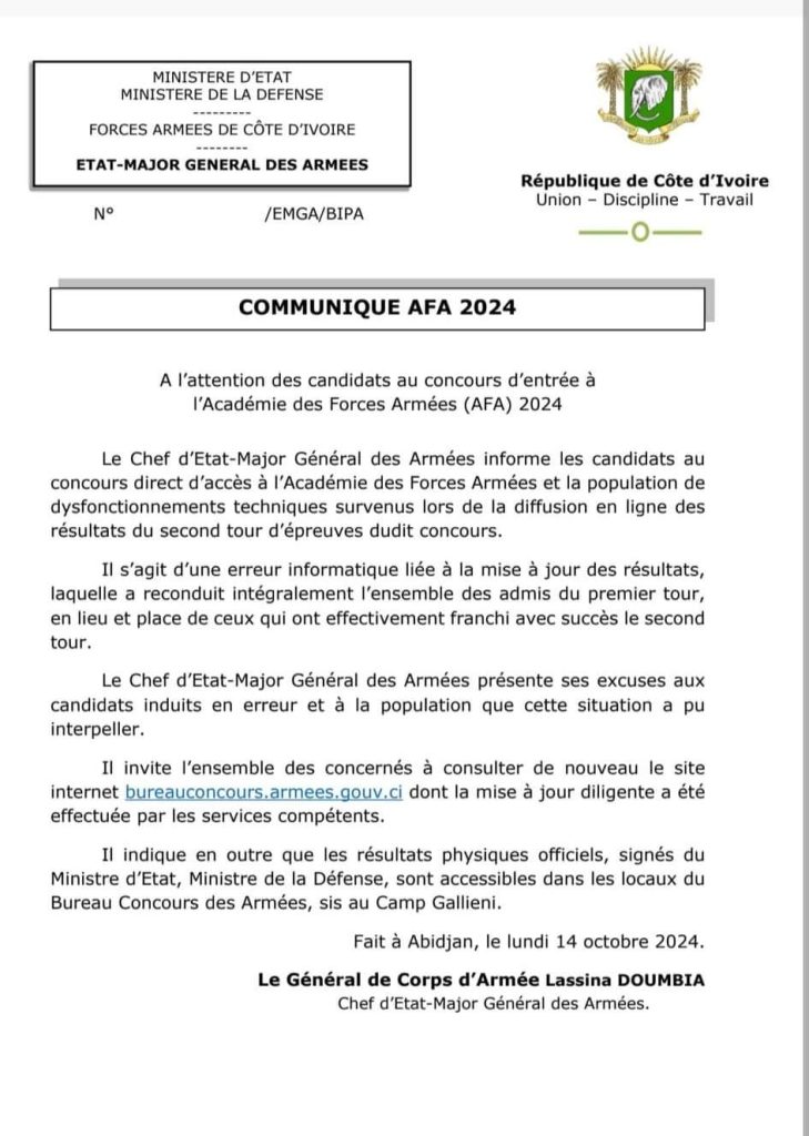 Le communiqué du Chef d'Etat-Major