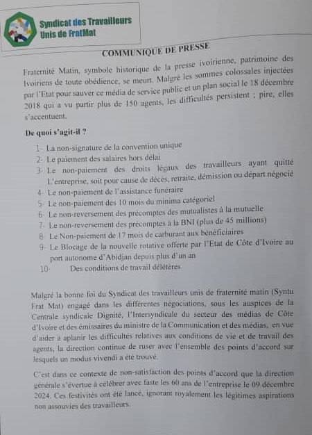 Fraternité Matin en crise : Le cri d’alarme des travailleurs face à une célébration qui contraste avec leurs difficultés