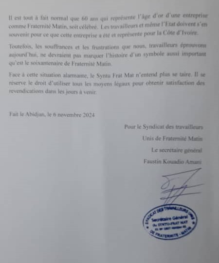 Fraternité Matin en crise : Le cri d’alarme des travailleurs face à une célébration qui contraste avec leurs difficultés