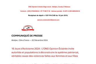 16 Jours d'Activisme 2024 : L'ONG Opinion Éclairée invite autorités et