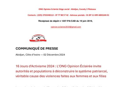 16 Jours d'Activisme 2024 : L'ONG Opinion Éclairée invite autorités et