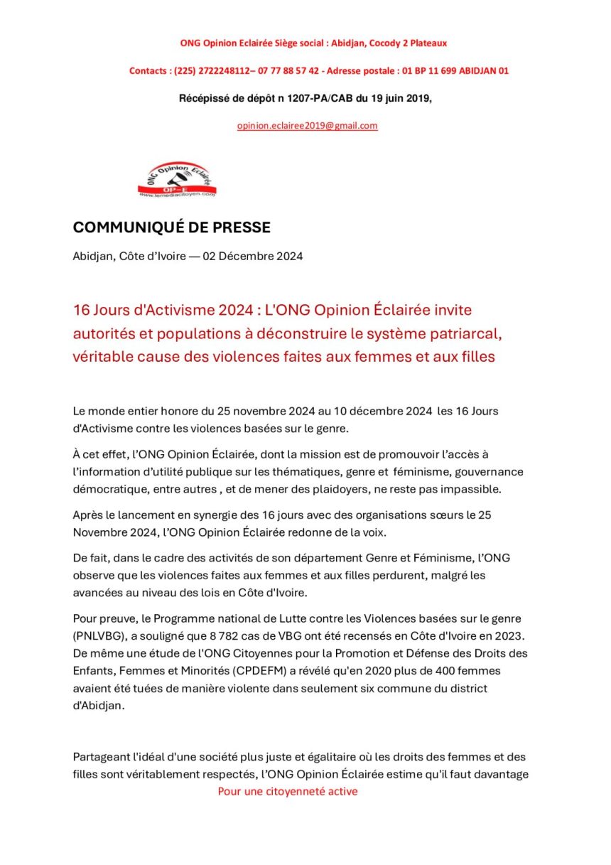 16 Jours d'Activisme 2024 : L'ONG Opinion Éclairée invite autorités et