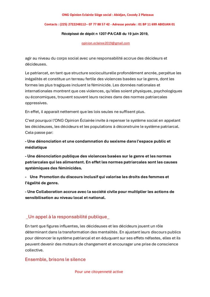 16 Jours d'Activisme 2024 : L'ONG Opinion Éclairée invite autorités et