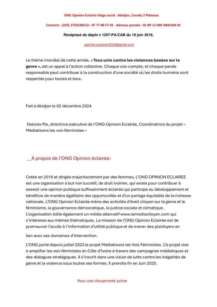 16 Jours d'Activisme 2024 : L'ONG Opinion Éclairée invite autorités et