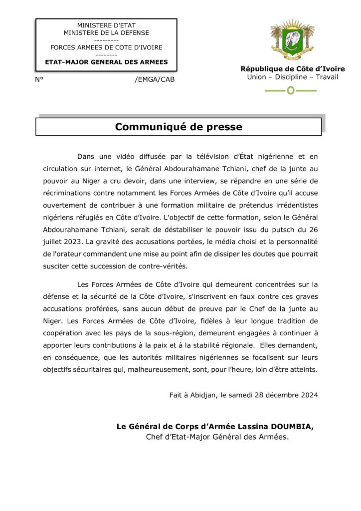 Accusations du Niger contre les Forces Armées de Côte d’Ivoire : la mise au point d’Abidjan