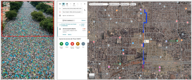 Capture d'écran présentant la différence dans sur les détails du paysage de l’image avec l’itinéraire de la marche (Source : CFA utilisant Maps