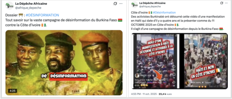 Capture d’écran de quelques publications de débunking du compte X La Dépêche Africaine