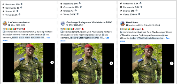 Capture d’écran de la fausse publication annonçant la disparition du général Chérif Ousmane sur Facebook