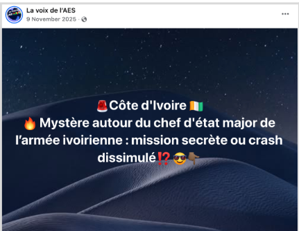 Capture d’écran de la rumeur sur Facebook sur la disparition du chef d’état-major de l’armée ivoirienne